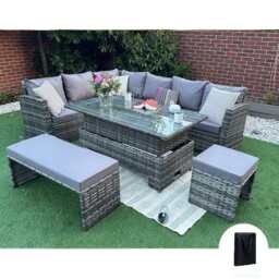 Rosen Rattan Garden Furniture 9 Seater Corner Sofa Rising Table Set With Bench And Stool, With Rain Cover - thumbnail 1