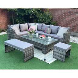 Rosen Rattan Garden Furniture 9 Seater Corner Sofa Rising Table Set With Bench And Stool, With Rain Cover - thumbnail 7