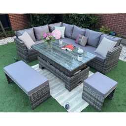 Rosen Rattan Garden Furniture 9 Seater Corner Sofa Rising Table Set With Bench And Stool, With Rain Cover - thumbnail 5