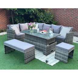 Rosen Rattan Garden Furniture 9 Seater Corner Sofa Rising Table Set With Bench And Stool, With Rain Cover - thumbnail 2