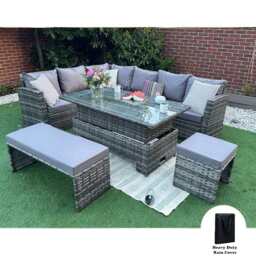 Rosen Rattan Garden Furniture 9 Seater Corner Sofa Rising Table Set With Bench And Stool, With Rain Cover - thumbnail 3