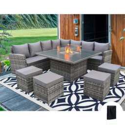 Rosen 11 Seater Rattan Garden Furniture Fire Pit Dining Corner Sofa Cube Set, Grey / With Rain Cover - thumbnail 1