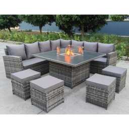 Rosen 11 Seater Rattan Garden Furniture Fire Pit Dining Corner Sofa Cube Set, Grey / With Rain Cover - thumbnail 6