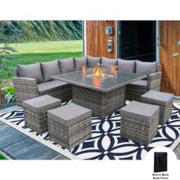 Rosen 11 Seater Rattan Garden Furniture Fire Pit Dining Corner Sofa Cube Set, Grey / With Rain Cover - thumbnail 3