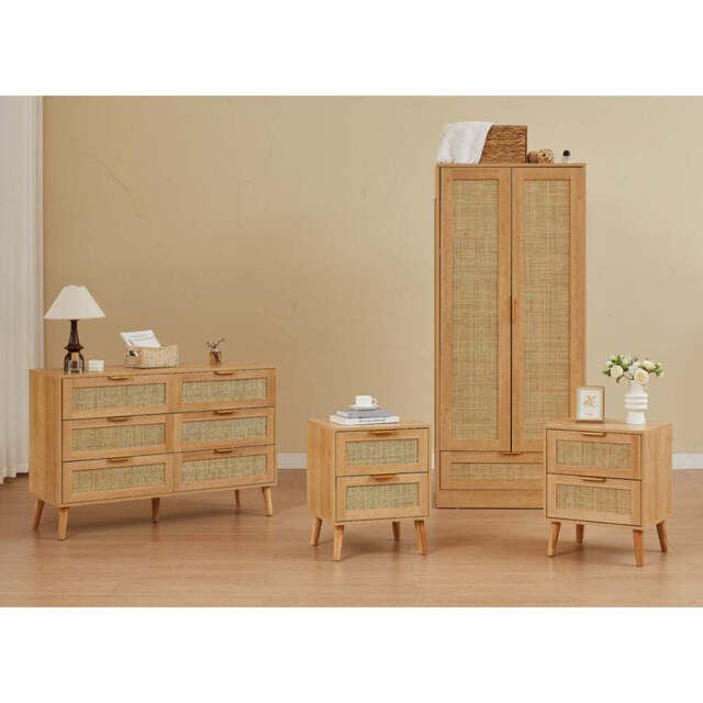 Boho 4-Piece Rattan Bedroom Set with 2 Door Wardrobe and 6-Drawer Chest and Bedside Cabinets - image 1