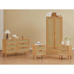 Boho 4-Piece Rattan Bedroom Set with 2 Door Wardrobe and 6-Drawer Chest and Bedside Cabinets - thumbnail 2