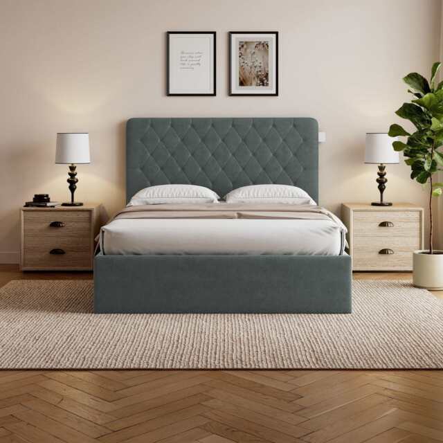 Pneumatic Velvet Bed Ottoman Storage Bed Double / King Bed Lift Up Storage Bed Frame with Tufted Headboard, King / Grey