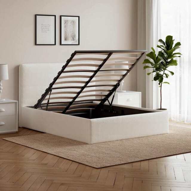Elvie Ottoman Storage Pneumatic Lift Up Bed Frame Double or King Bed, Double / Beige Boucle - image 1