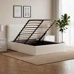 Elvie Ottoman Storage Pneumatic Lift Up Bed Frame Double or King Bed, Double / Beige Boucle - thumbnail 1