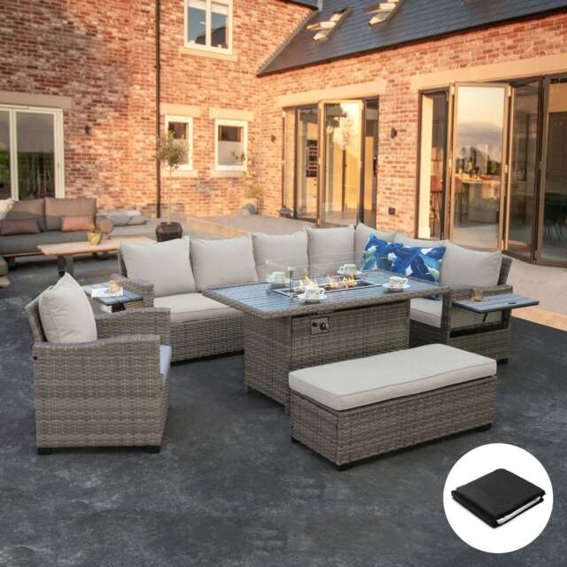 Galle Right Facing 9 Seater Garden Furniture Corner Sofa Fire Pit Set With Foldable Side Tables, Natural - image 1