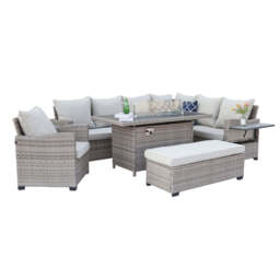 Galle Right Facing 9 Seater Garden Furniture Corner Sofa Fire Pit Set With Foldable Side Tables, Natural - thumbnail 3