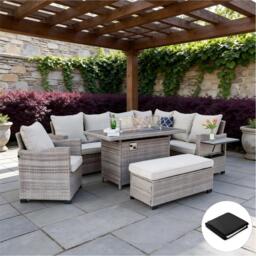 Galle Right Facing 9 Seater Garden Furniture Corner Sofa Fire Pit Set With Foldable Side Tables, Natural - thumbnail 2