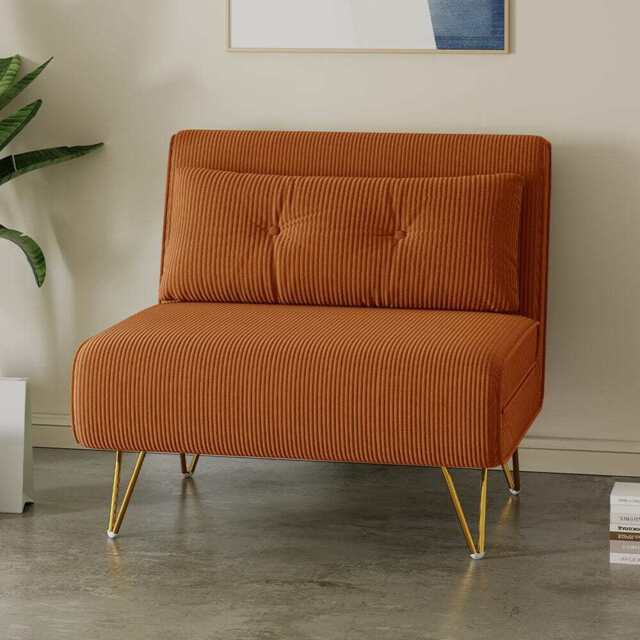 Jola Corduroy Foldable Sofa Bed With Metal Legs And Pillow, Orange / Single