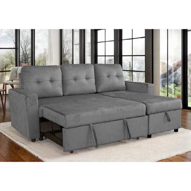 Avery Velvet Reversible Corner Sofa Bed With Storage Chaise, Grey - image 1