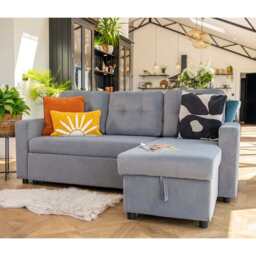 Avery Velvet Reversible Corner Sofa Bed With Storage Chaise, Grey - thumbnail 7