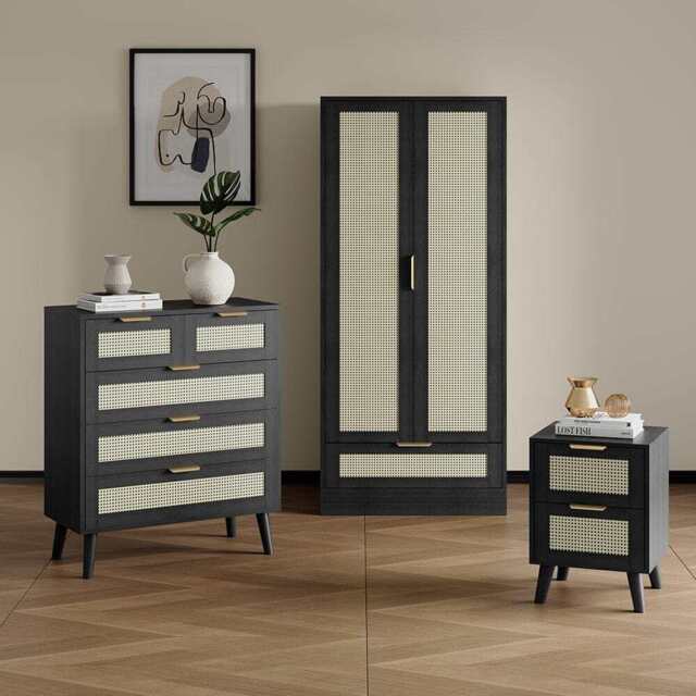 Boho 3 Pieces Bedroom Rattan Wardrobe Set With Chest And Bedside - image 1