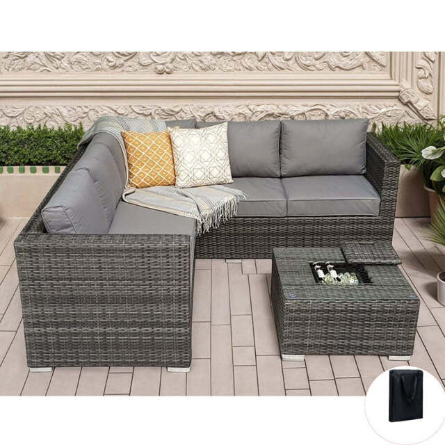 Vancouver Aluminum frame 5 Seater Rattan Garden Furniture Corner Sofa Set With Ice Bucket Coffee Table, Grey / With Rain Cover
