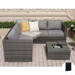 Vancouver Steel frame 5 Seater Rattan Garden Furniture Corner Sofa Set With Ice Bucket Coffee Table, Grey / With Rain Cover