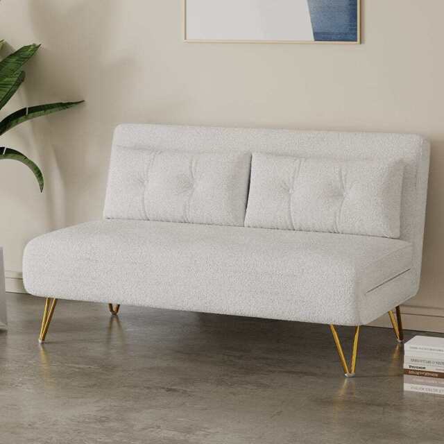Jola White Boucle Foldable Sofa Bed With Metal Legs And Pillow, Double - image 1