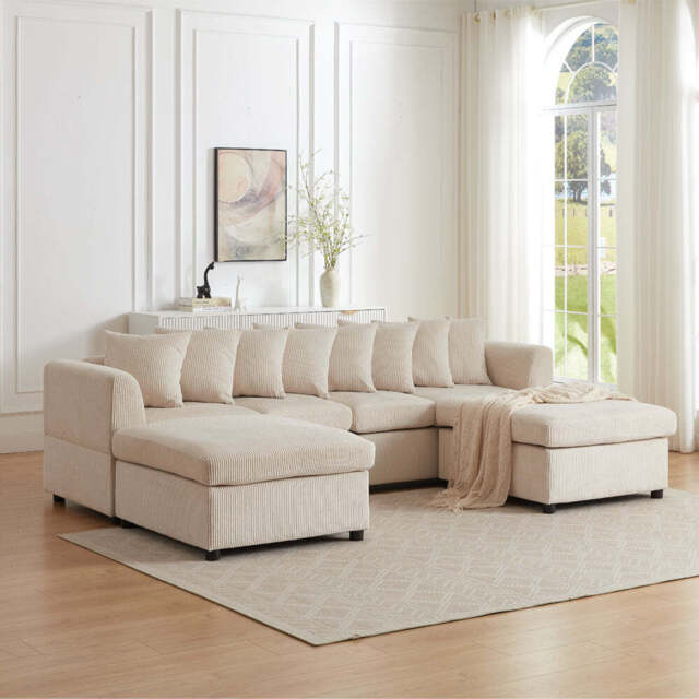 Finley Corduroy 4 Seater Sofa with 2 Footstools, Beige - image 1
