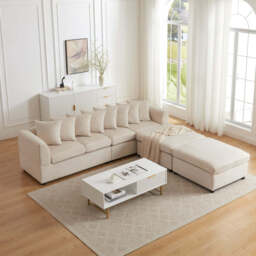 Finley Corduroy 4 Seater Sofa with 2 Footstools, Beige - thumbnail 4