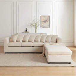 Finley Corduroy 4 Seater Sofa with 2 Footstools, Beige - thumbnail 3