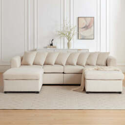 Finley Corduroy 4 Seater Sofa with 2 Footstools, Beige - thumbnail 2