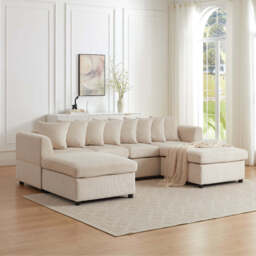 Finley Corduroy 4 Seater Sofa with 2 Footstools, Beige - thumbnail 1