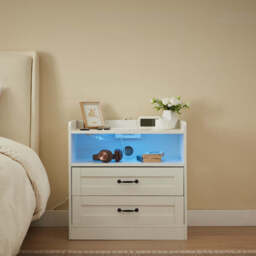Night Stand Storage Cabinet Bedside Table with Led Lights and Sockets - thumbnail 2