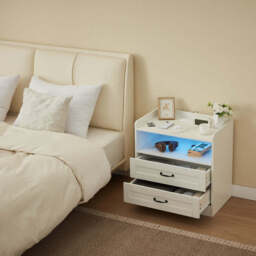 Night Stand Storage Cabinet Bedside Table with Led Lights and Sockets - thumbnail 1