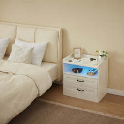 Night Stand Storage Cabinet Bedside Table with Led Lights and Sockets - thumbnail 3