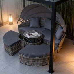 Camrose Rattan Garden Furniture Day Bed With Rising Table in Grey, No Scatter Cushion / With Rain Cover