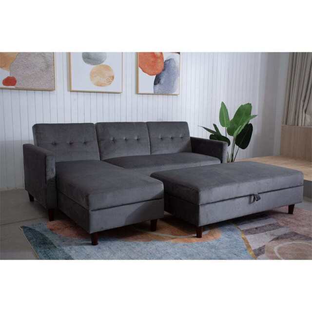 Destin Reversible Grey Velvet Corner Sofa With Storage Chaise and Ottoman Bench, Full Set With Ottoman Bench