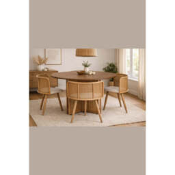 Boho Round Rattan Dining Table Set with 4 Velvet Upholstered Chairs, Full Set (Table + 4 Chairs) - thumbnail 3