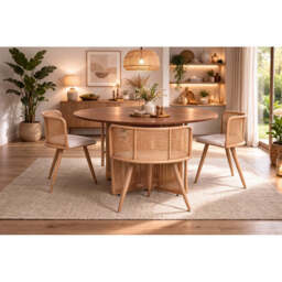 Boho Round Rattan Dining Table Set with 4 Velvet Upholstered Chairs, Full Set (Table + 4 Chairs) - thumbnail 2