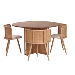 Boho Round Rattan Dining Table Set with 4 Velvet Upholstered Chairs, Full Set (Table + 4 Chairs) - thumbnail 8