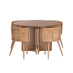 Boho Round Rattan Dining Table Set with 4 Velvet Upholstered Chairs, Full Set (Table + 4 Chairs) - thumbnail 7