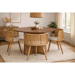 Boho Round Rattan Dining Table Set with 4 Velvet Upholstered Chairs, Full Set (Table + 4 Chairs)
