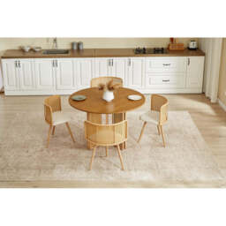 Boho Round Rattan Dining Table Set with 4 Velvet Upholstered Chairs, Full Set (Table + 4 Chairs) - thumbnail 4