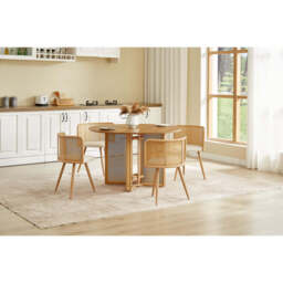Boho Round Rattan Dining Table Set with 4 Velvet Upholstered Chairs, Full Set (Table + 4 Chairs) - thumbnail 6