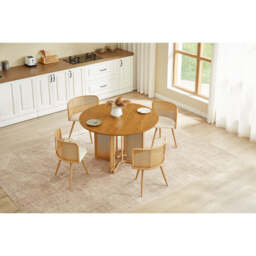 Boho Round Rattan Dining Table Set with 4 Velvet Upholstered Chairs, Full Set (Table + 4 Chairs) - thumbnail 5