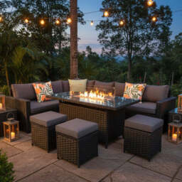 Barcelona Rattan Garden Furniture 9 Seater Corner Sofa Set with Fire pit Dining Table in Black Or Grey, Black / With Rain Cover