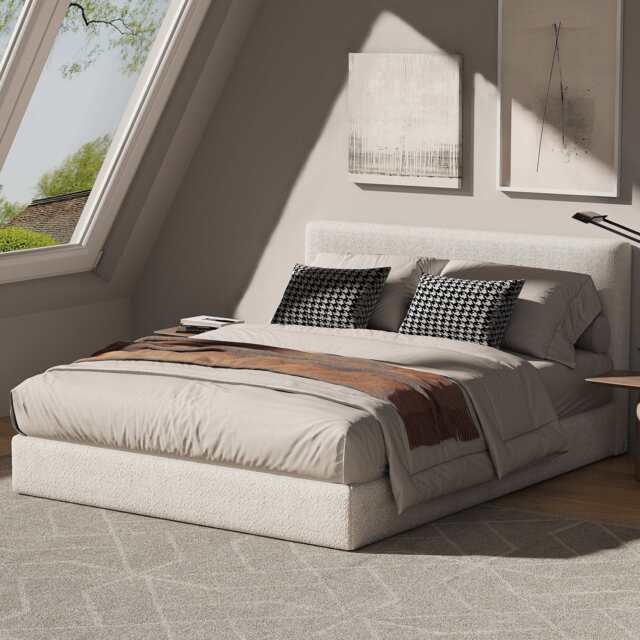 Marshmuff Soft Frame Boucle Bed Frame With Headboard King Bed or Double Bed or Single Bed, King Size Frame / White