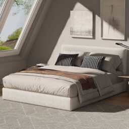 Marshmuff Soft Frame Boucle Bed Frame With Headboard King Bed or Double Bed or Single Bed, King Size Frame / White