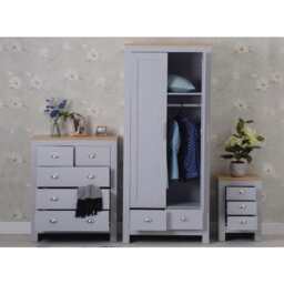 Heritage 3 Piece Bedroom Set Wardrobe Chest Bedside Table Set, Grey - thumbnail 3