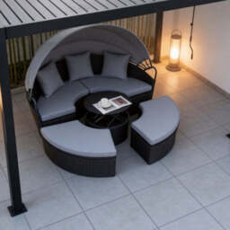 Camrose Rattan Garden Furniture Day Bed With Lift Up Table in Black, No Scatter Cushion / Without Rain Cover