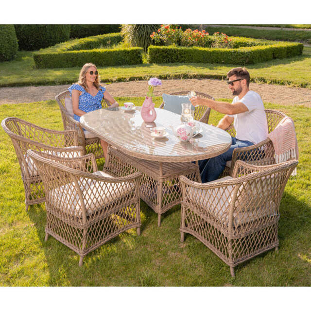 Provence Willow 6‑Seater Rattan Garden Dining Set with Oval Table and Furniture Cover - image 1