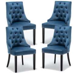 Avers Blue Velvet Button Back Dining Chairs Rubber Leg, 4 Chairs