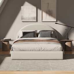 Marshmuff Linen Bed Frame With Curved Headboard King Bed or Double Bed, King Size Frame / Beige