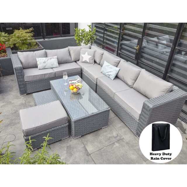 Papaver 8 Seater Rattan Furniture Garden Sofa Set In Grey, Grey With Rain Cover